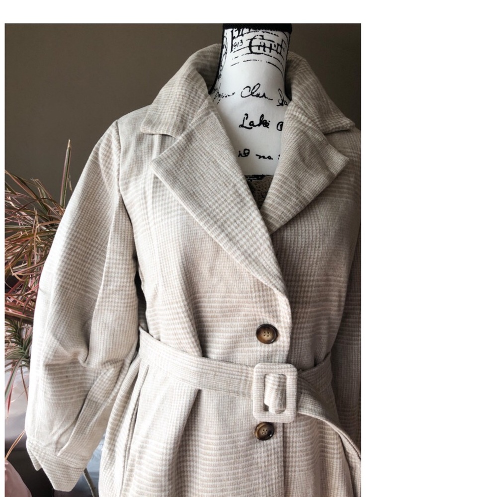 Coat long plaid vintage lantern puff sleeve runway womens soft khaki bel… - Picture 1 of 10